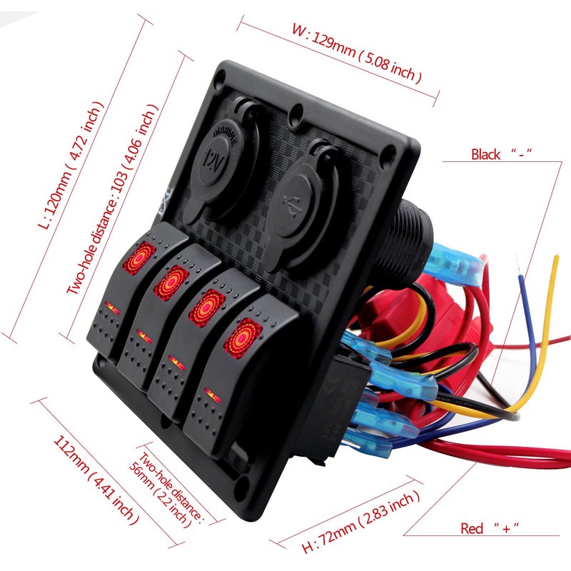 FXC Waterproof Marine Boat Rocker Switch Panel 4 Gang with Dual USB Slot Socket + Cigarette Lighter LED Light for Car Rv Vehicles Truck (4 Gang Red Light) - Image 5